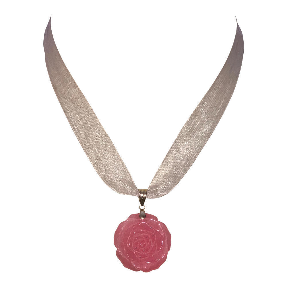 14 KT Pink Jade Carved Flower Pendant Necklace